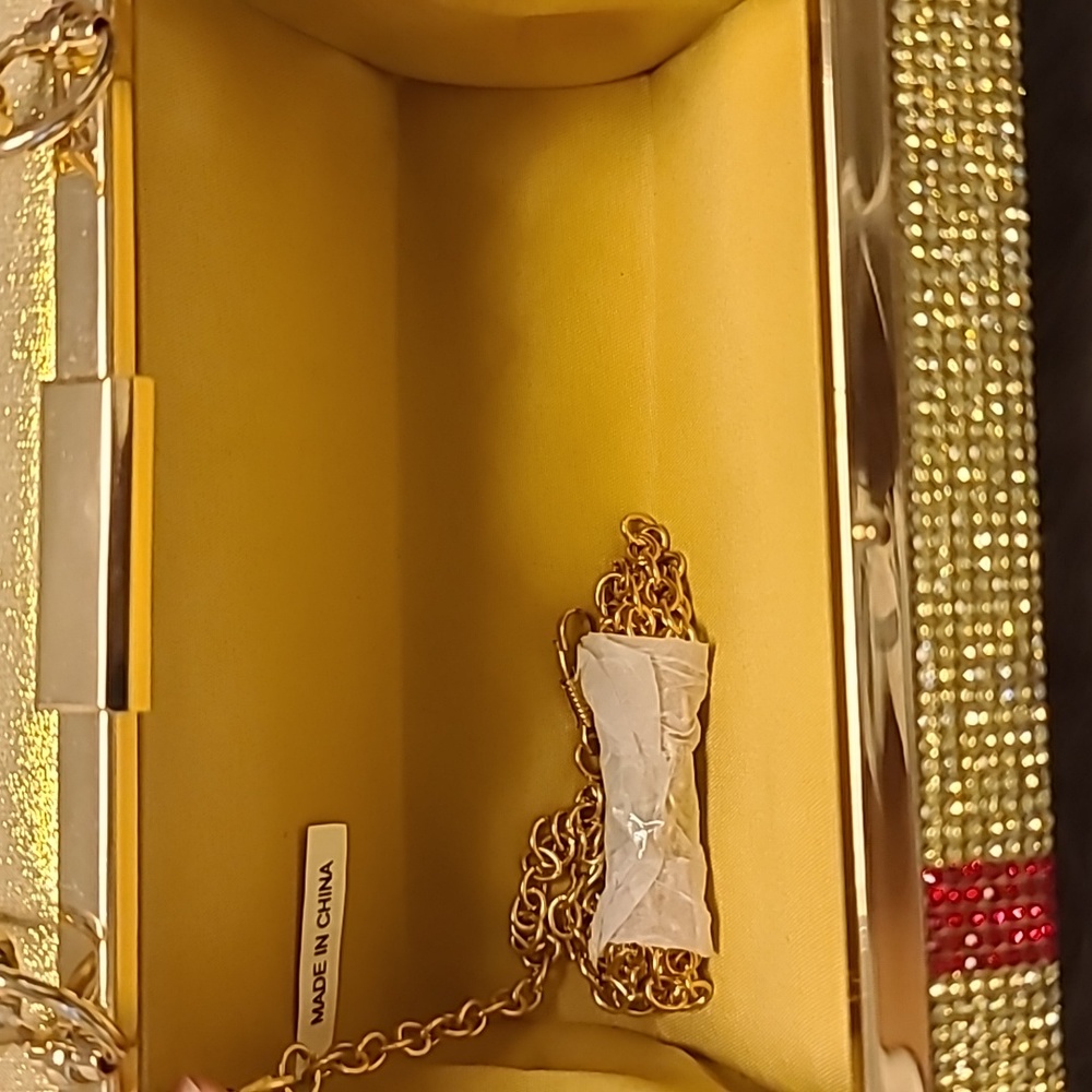 NWOT Crystal Clutch Chain Purse Gold Christmas Gift w/ Red Bow - Picture 4 of 4